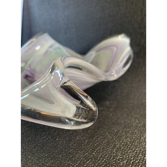 19” Murano Style Handblown Bowl Glass Ribbon Vase Wave Ribbed Purple Green Glass - Picture 12 of 16